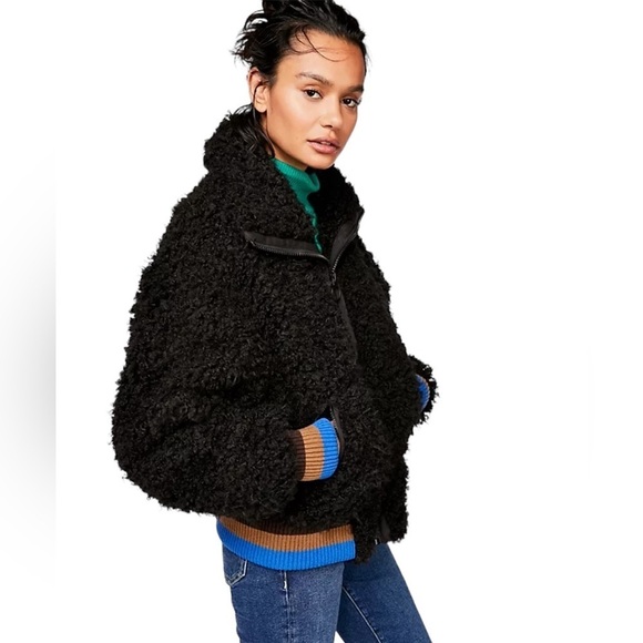 Free People Jackets & Blazers - Free People Black HIGH IN THE SKY Bomber Jacket Top US SZ Medium Faux Furry Coat